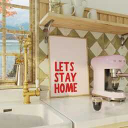 Let's Stay Home Quote Print, Welcome Poster, Modern Wall Art, Retro Typography Cosy Decor, Red Trendy Minimalist Sign - thumbnail 3