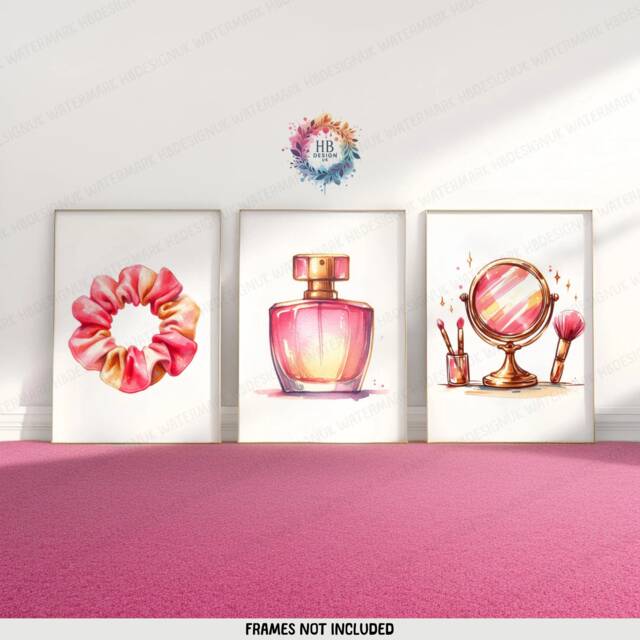 Perfume Bottle Art - Set Of 3 Prints - Pink Girls Room Decor Make Up Station Wall Posters Perfumes Artwork Girl Bedroom Print A4 - image 1