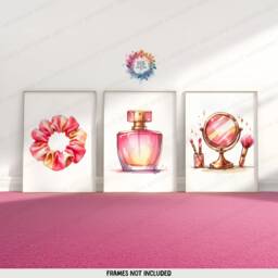 Perfume Bottle Art - Set Of 3 Prints - Pink Girls Room Decor Make Up Station Wall Posters Perfumes Artwork Girl Bedroom Print A4 - thumbnail 1