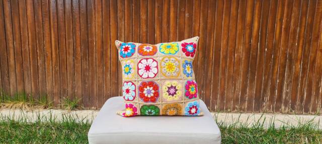 Crochet Beige Daisy Pillow Cover, Granny Square Cushion Coloful Pillow Cover - image 1