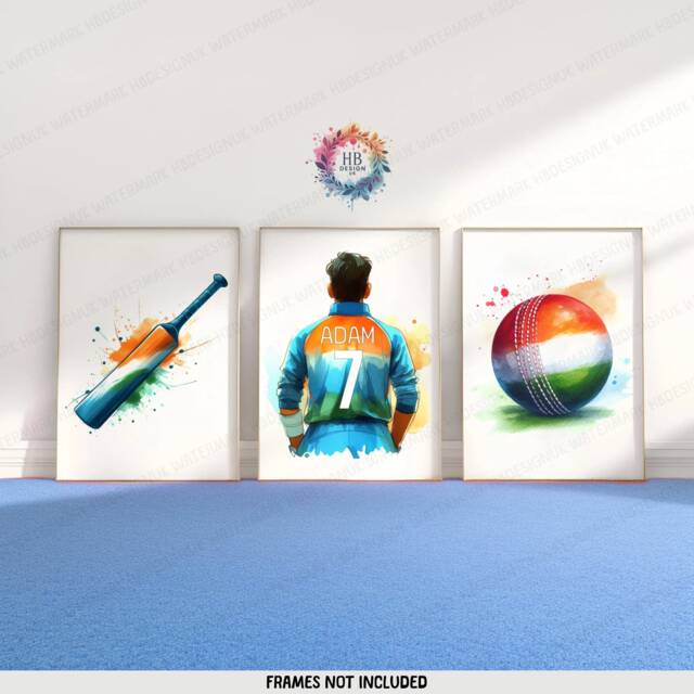 Personalised Cricket Print Set - 3 Posters - Boys Bedroom Decor Kids Room Wall Art Indian Themed Cricketer Artwork Custom Teen Gifts - image 1