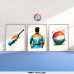 Personalised Cricket Print Set - 3 Posters - Boys Bedroom Decor Kids Room Wall Art Indian Themed Cricketer Artwork Custom Teen Gifts - thumbnail 1