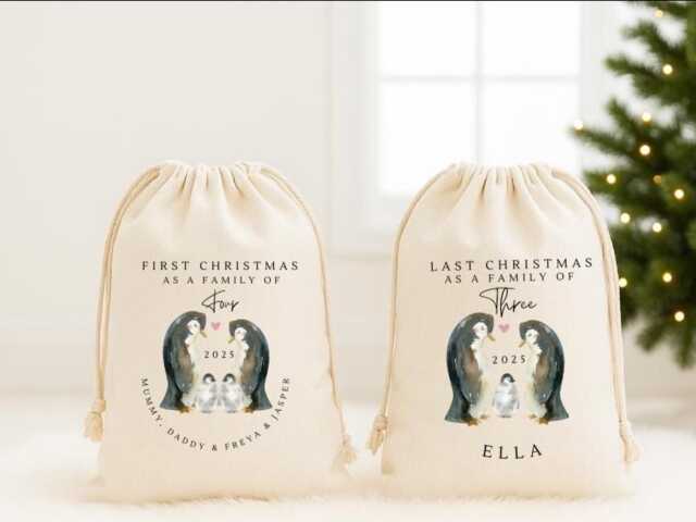 Personalised Christmas Stockings, Penguin Stocking & Sack, Gifts, Family Gift Xmas Bags Stockings Eve Gifts - image 1