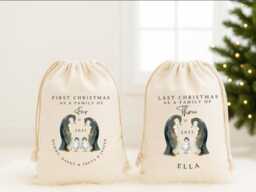Personalised Christmas Stockings, Penguin Stocking & Sack, Gifts, Family Gift Xmas Bags Stockings Eve Gifts - thumbnail 1