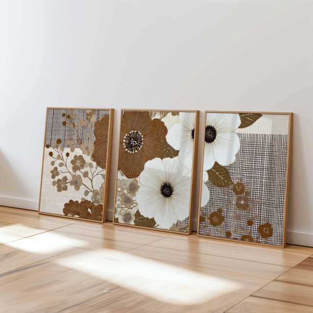 Neutral Abstract Floral Wall Art Set Of 3, Modern Botanical Prints in Beige & Black, Minimal Flower Posters For Contemporary Home Decor - image 1