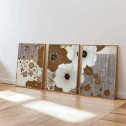 Neutral Abstract Floral Wall Art Set Of 3, Modern Botanical Prints in Beige & Black, Minimal Flower Posters For Contemporary Home Decor - thumbnail 1