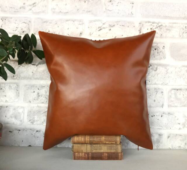Cognac Faux Leather Pillow Cover Modern Scandinavian Home Decor - image 1