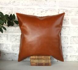 Cognac Faux Leather Pillow Cover Modern Scandinavian Home Decor - thumbnail 1