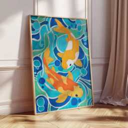 Koi Fish Wall Art Print, Japanese Style Poster, Vibrant Blue & Orange Artwork, Modern Aquatic Illustration, Zen Home Decor - thumbnail 2