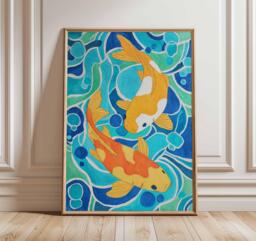 Koi Fish Wall Art Print, Japanese Style Poster, Vibrant Blue & Orange Artwork, Modern Aquatic Illustration, Zen Home Decor - thumbnail 1