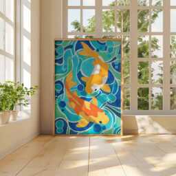 Koi Fish Wall Art Print, Japanese Style Poster, Vibrant Blue & Orange Artwork, Modern Aquatic Illustration, Zen Home Decor - thumbnail 3