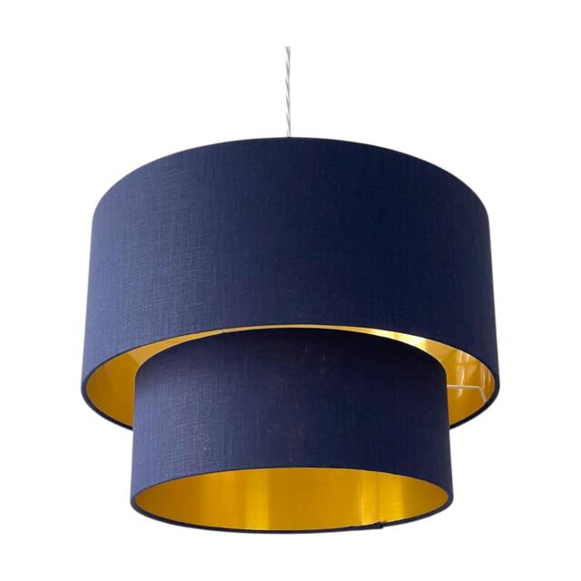 Navy Blue Textured 100% Linen Brushed Gold Two Tier Chandelier Drum Lampshade - image 1