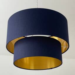 Navy Blue Textured 100% Linen Brushed Gold Two Tier Chandelier Drum Lampshade - thumbnail 2