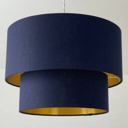 Navy Blue Textured 100% Linen Brushed Gold Two Tier Chandelier Drum Lampshade - thumbnail 3