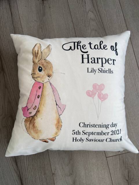 Personalised Cushion, The Tale Of Rabbit Cushion Flopsy , New Baby, Christening Gift, Keepsake Home Decor, Nursery, Baby Girl - image 1