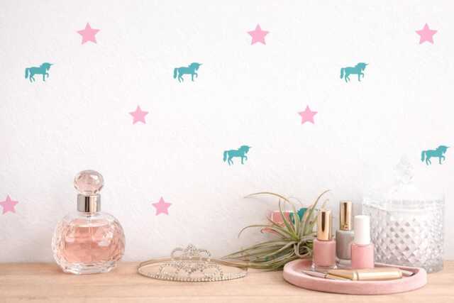Unicorn Wall Decals + Stars, Peel & Stick Nursery Stickers, 40 Unicorns 100 Kids Bedroom Bathroom Decor - image 1