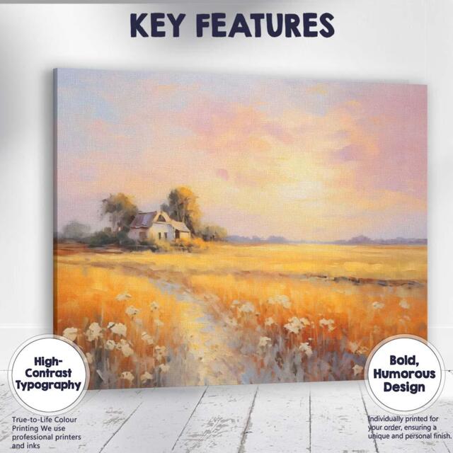 Pastel Sunset Farmhouse Golden Field Rural Landscape Canvas Wall Art Print Decor Picture Ready To Hang - image 1