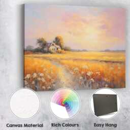 Pastel Sunset Farmhouse Golden Field Rural Landscape Canvas Wall Art Print Decor Picture Ready To Hang - thumbnail 2