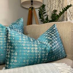 Modern Houndstooth Decorative Designer Pillow Teal Cushion Cover Double Sided Geometric High Quality Handmade - thumbnail 3