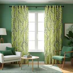 Green Botanical Curtains, Modern Tropical Leaf Pattern Drapes, Fresh Jungle Style Window Panels, Custom Made Eyelet Or Rod Pocket Curtains - thumbnail 1