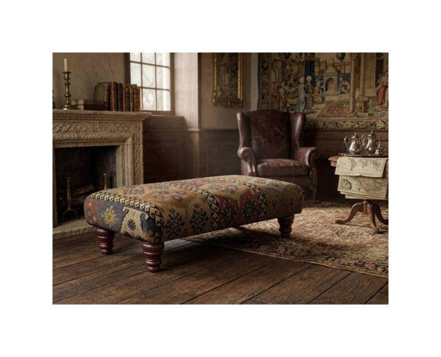 Warwick Anthropology Kilim Fabric Upholstered Footstool - Coffee Table Footrest Wooden Legs - image 1