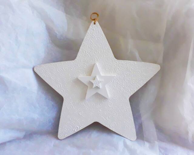 Hand Painted Wooden Star Wall Art, Textured White Spiral Design, 35cm - image 1