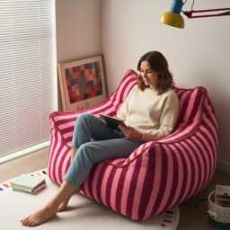 Pink & Purple Striped Plush Bean Bag Cover - Whimsical Lounger - No Filling - thumbnail 4