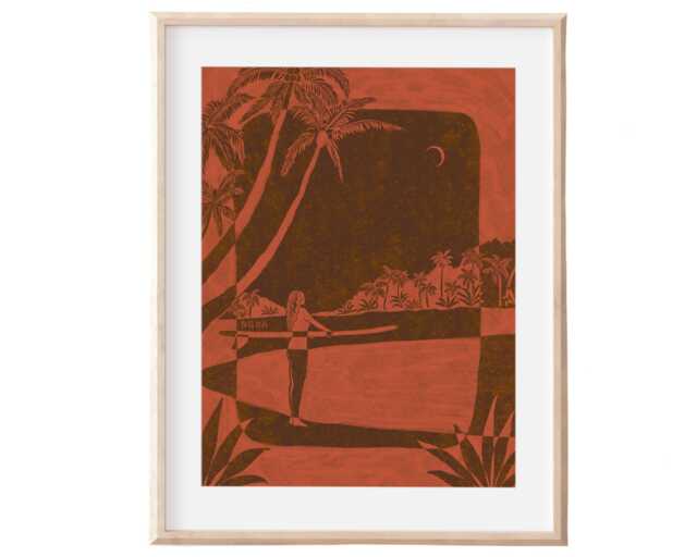 Tropical Surfer Art Print - Surf Girl Palm Tree Wall Decor Boho Beach Illustration - image 1