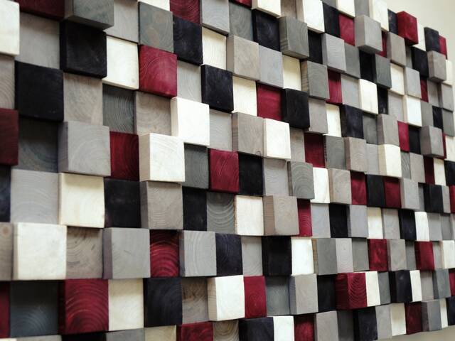Modern Wood Wall Art, 100% Hand Painted Pine Squares, Simple Wooden Art, Rustic Hanging, Shades Of Gray, White, Black, Burgundy - image 1