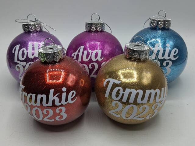 Personalised Glitter Bauble, Name & Date Tree Decor, Christmas Gift, First - image 1