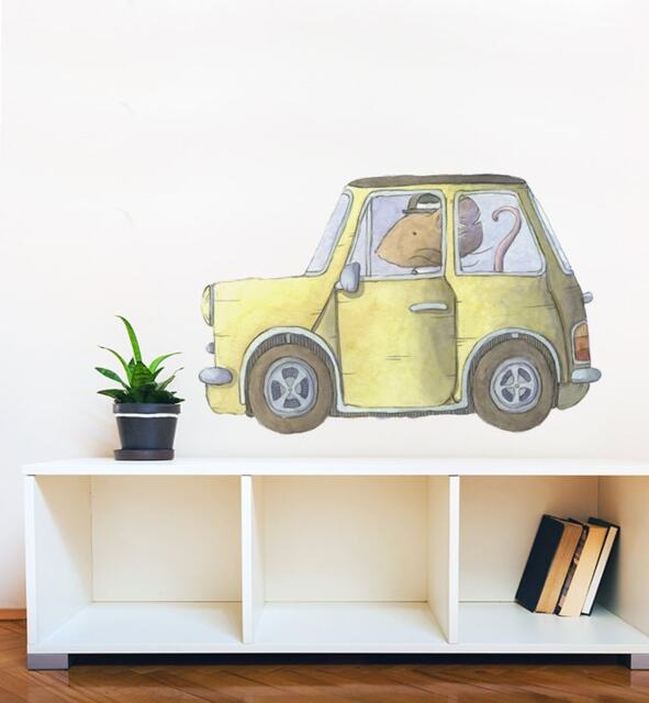 Small Mouse Driving Mini Car Wall Sticker Decal - Kids Stickers, Animals Childrens Decals, Art, Room