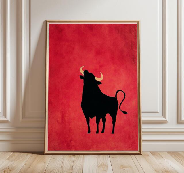 Minimalist Spanish Bull Art Print, Matador Rojo Red Black Poster, Taurus Zodiac Western Farmhouse Decor - image 1