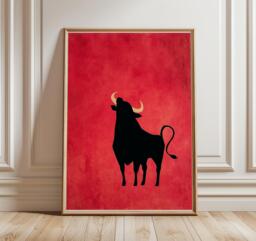 Minimalist Spanish Bull Art Print, Matador Rojo Red Black Poster, Taurus Zodiac Western Farmhouse Decor - thumbnail 1