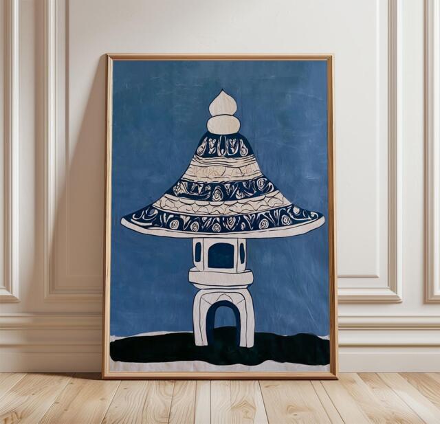 Blue Stone Lantern Poster, Minimal Oriental Wall Art, Paper Print - image 1