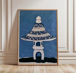 Blue Stone Lantern Poster, Minimal Oriental Wall Art, Paper Print - thumbnail 1
