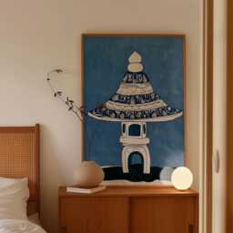 Blue Stone Lantern Poster, Minimal Oriental Wall Art, Paper Print - thumbnail 2