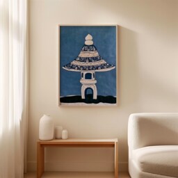 Blue Stone Lantern Poster, Minimal Oriental Wall Art, Paper Print - thumbnail 3