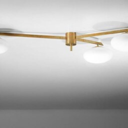 1950's Mid-Century Italian Brass Chandelier Stilnovo Style Flush Mount Ceiling Light - thumbnail 3