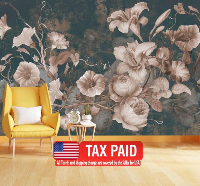 Wallpaper, Floral Painting Wall Mural, Concrete Grunge Loft, Peel & Stick - image 1