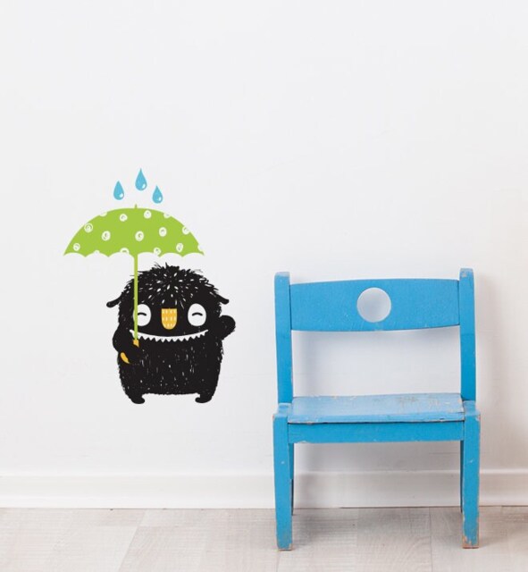 Monster Hiding From Rain Under Umbrella Wall Sticker Decal - Kids Stickers, Animals Childrens Decals, Room