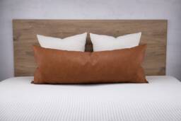 Cognac Faux Leather Lumbar Pillow Cover, Extra Long Body Case - thumbnail 1
