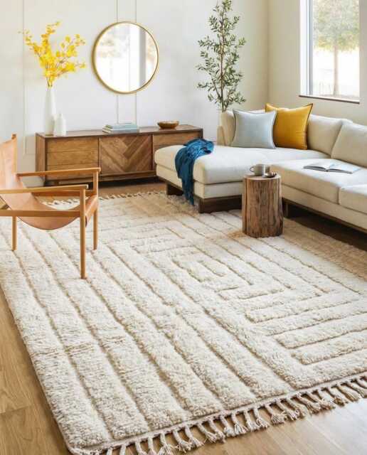Beige Checkered Shag Rug - Large Area Handmade Berber Wool Carpet Scandi Boho Decor Custom 3D Textured - image 1