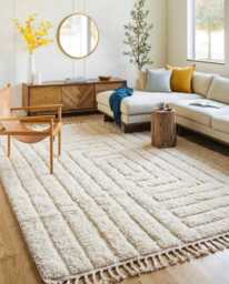 Beige Checkered Shag Rug - Large Area Handmade Berber Wool Carpet Scandi Boho Decor Custom 3D Textured - thumbnail 1