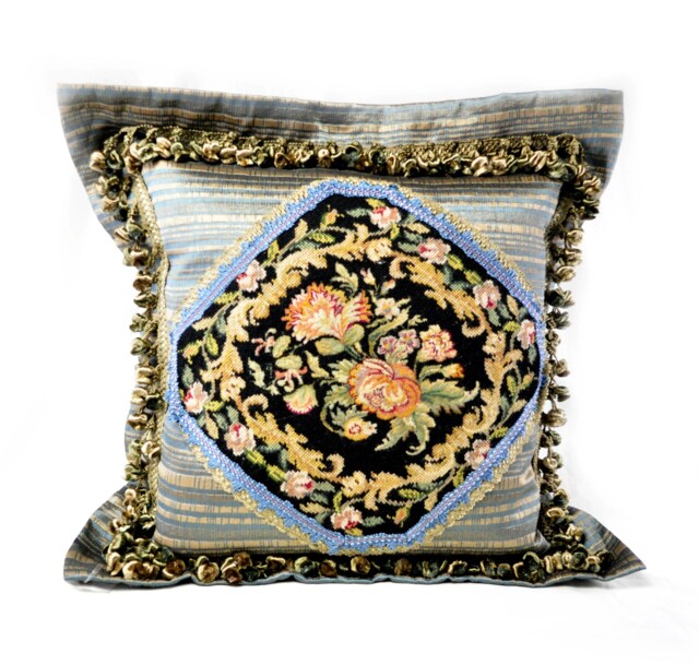 Needlepoint Pillow Cover - Handmade Custom Designed Black Wool Floral Case/Cushion 24x24 - image 1