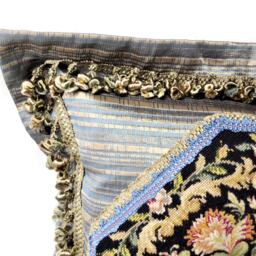 Needlepoint Pillow Cover - Handmade Custom Designed Black Wool Floral Case/Cushion 24x24 - thumbnail 2