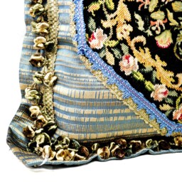 Needlepoint Pillow Cover - Handmade Custom Designed Black Wool Floral Case/Cushion 24x24 - thumbnail 3