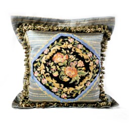 Needlepoint Pillow Cover - Handmade Custom Designed Black Wool Floral Case/Cushion 24x24