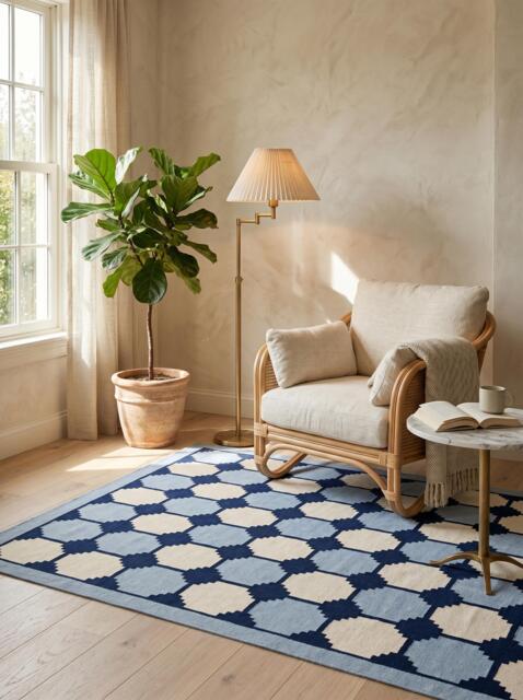 Blue & White Geometric Cotton Rug - 9x12 Handwoven Flatweave Area For Scandinavian & Coastal Homes in Custom Options - image 1