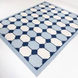 Blue & White Geometric Cotton Rug - 9x12 Handwoven Flatweave Area For Scandinavian & Coastal Homes in Custom Options - thumbnail 2
