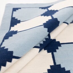 Blue & White Geometric Cotton Rug - 9x12 Handwoven Flatweave Area For Scandinavian & Coastal Homes in Custom Options - thumbnail 4
